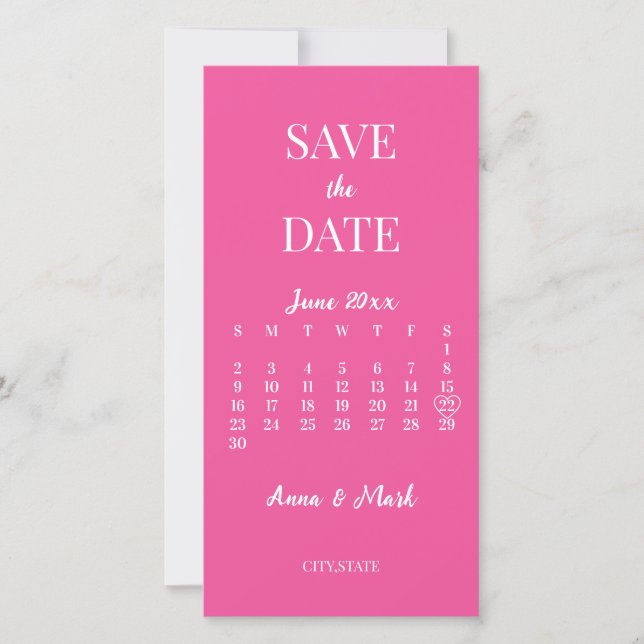 Reserve A Data Casamento de Calendário Moderno Mínimo Rosa Quente (Frente)