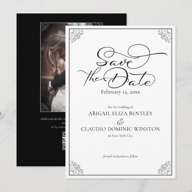 Reserve A Data Casamento de Caligrafia Clássica Preta e Branca El (Frente/Verso)