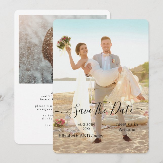 Reserve A Data Casamento de Caligrafia Preto e Branco Clássico e  (Frente/Verso)
