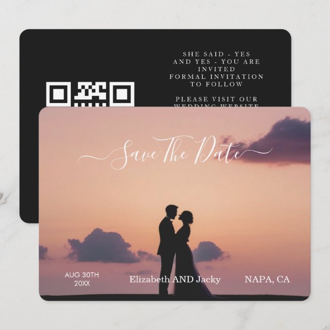 Reserve A Data Casamento de Caligrafia Preto e Branco Clássico e  (Frente/Verso)