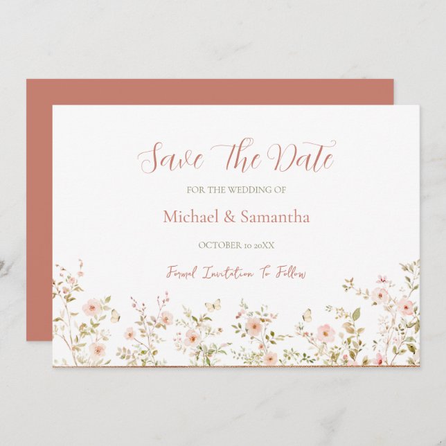 Reserve A Data Casamento de campo de Rosa selvagem (Frente/Verso)