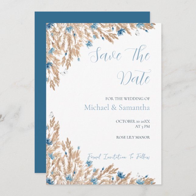 Reserve A Data Casamento de Campos Pó Azul Campo (Frente/Verso)