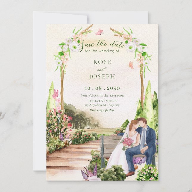 Reserve A Data Casamento de casal de jardim estético com aquarela (Frente)