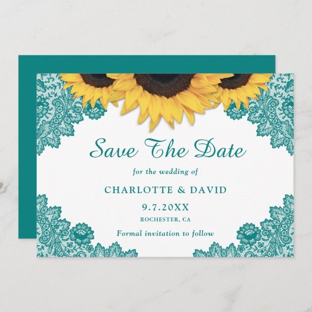 Reserve A Data Casamento de Chic Sunflower em Teal Rustic (Frente/Verso)