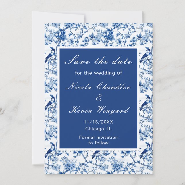 Reserve A Data Casamento de Chinoiserie Blue Birds and Flowers (Frente)