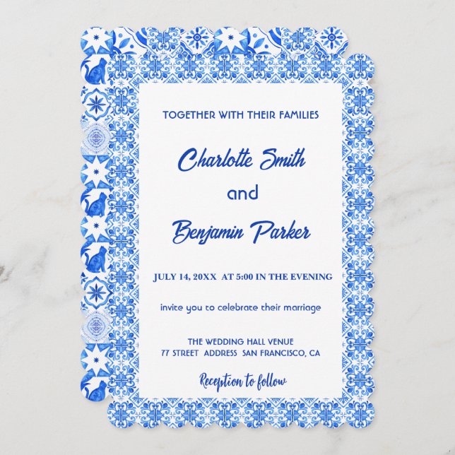 Reserve A Data Casamento de chinoiserie Elegante Blue Flor (Frente/Verso)