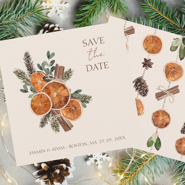 Reserve A Data Casamento de Cinnamon de Citrus Cinnamon Secos em  (Winter Orange Slices Dried Citrus Cinnamon Wedding Save the Date Card)