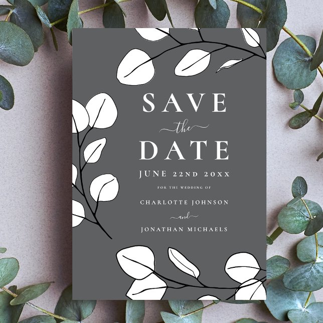 Reserve A Data Casamento de Cinzas Mínimas de Folha Moderna Elega (Minimalist eucalyptus leaves modern stylish gray wedding save the date invitation )