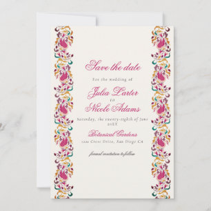 Reserve A Data Casamento de Cisne Floral Rosa Verde Amarelo Cláss
