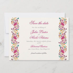 Reserve A Data Casamento de Cisne Floral Rosa Verde Amarelo Cláss