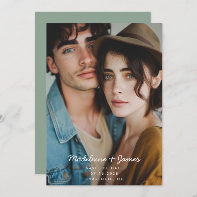 Reserve A Data Casamento de Código QR de Foto Verde de Sage com S (Frente/Verso)