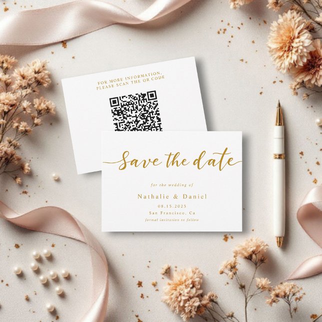 Reserve A Data Casamento de Código QR Dourado e Branco de Script  (Criador carregado)