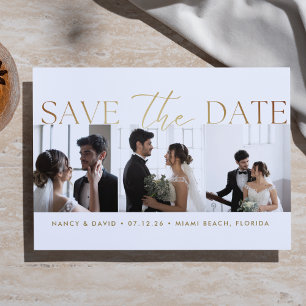 Reserve A Data Casamento de colagem de 3 fotos em script de ouro 