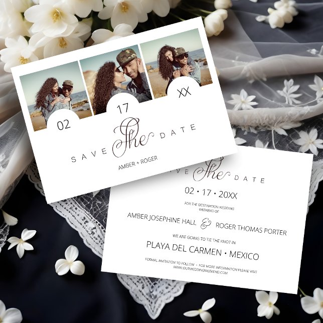 Reserve A Data Casamento de Colagem de 3 Fotos Mínimas Chic (Chic Minimal 3 Photos Collage Wedding Save the Date Card. )
