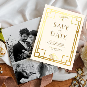 Reserve A Data Casamento de Colagem de Fotos Art Déco Cream Gold