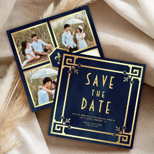 Reserve A Data Casamento de Colagem de Fotos Art Déco em Azul Nav
