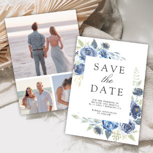 Reserve A Data Casamento de Colagem de Fotos Florais em Azul Poei
