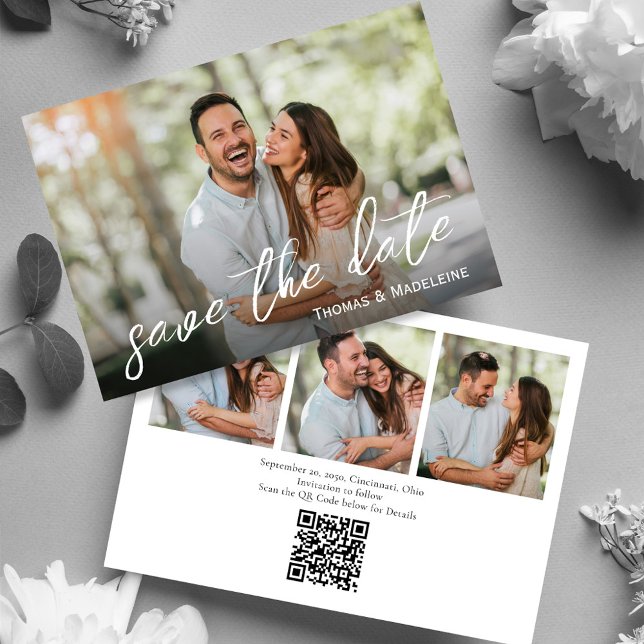 Reserve A Data Casamento de Colagem de Fotos Simples (Simple wedding save the date photo card with a scannable QR code. )