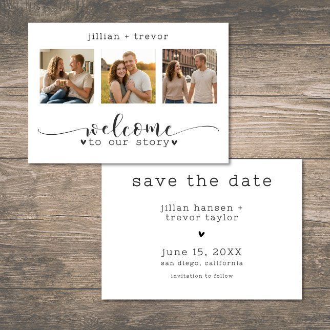 Reserve A Data Casamento de Colagem de Script de 3 Fotos Minimali (Modern Minimalist 3 Photo Script Collage Wedding Save The Date)