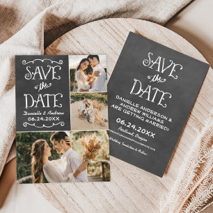 Reserve A Data Casamento de Colagem de Três Fotos em Quadro Negro
