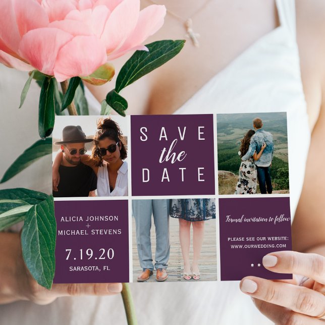 Reserve A Data Casamento de colagem simples de 3 fotos com roxo m (Criador carregado)