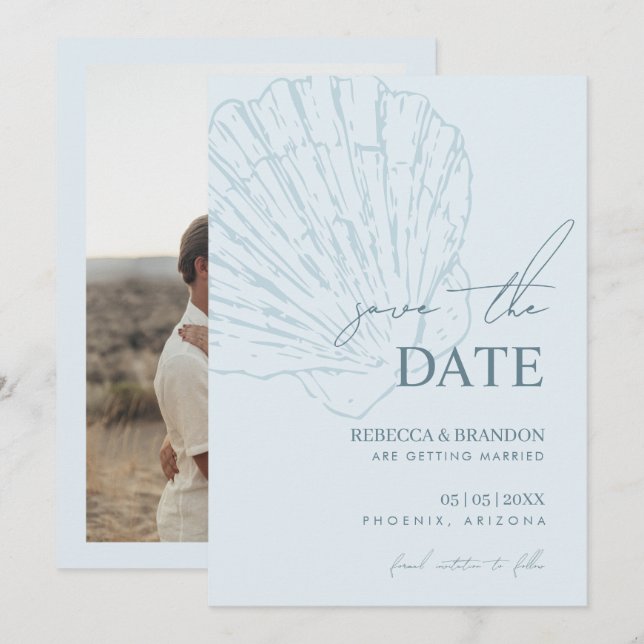 Reserve A Data Casamento de Conchas do Mar Desenhadas à Mão Azul  (Frente/Verso)