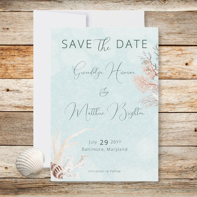 Reserve A Data Casamento de Conchas do Oceano Aqua Moderno (Modern Aqua Ocean Shells Wedding Save The Date)