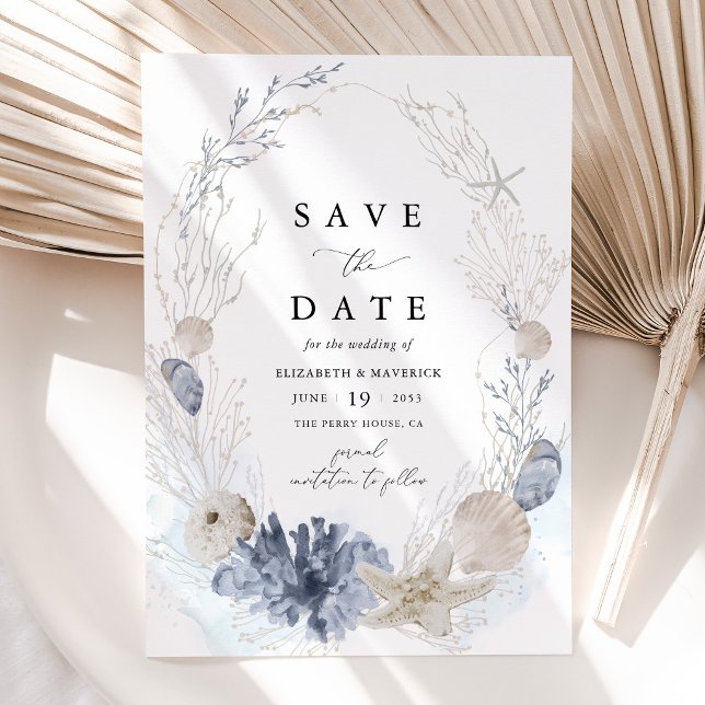 Reserve A Data Casamento de Conchas Marinhas da Praia Azul (Coastal Blue Seashell Save the Date Card Beach Destination Wedding Stationery)