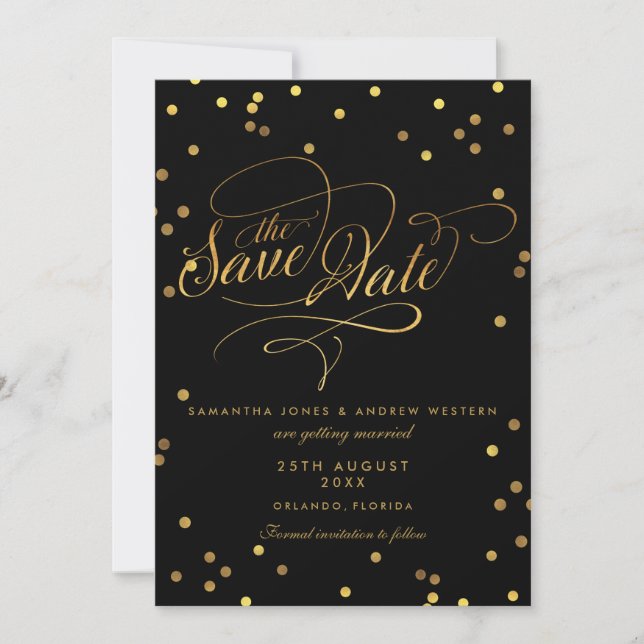 Reserve A Data Casamento de Confetes Dourados com Letra Chique Sa (Frente)