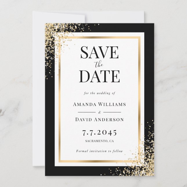 Reserve A Data Casamento de Confetti com Frame Dourado Negro (Frente)