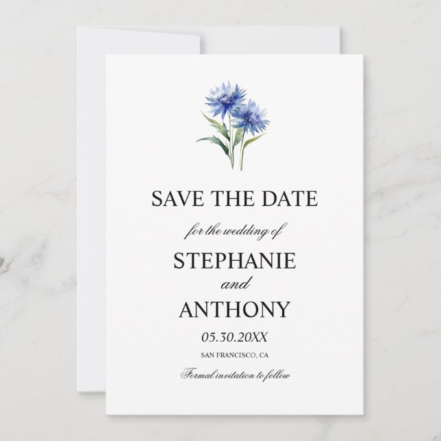 Reserve A Data Casamento de Cornflower WIldflower, cor d'água rox (Frente)