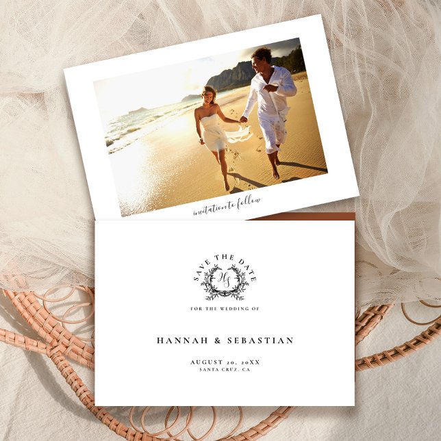 Reserve A Data Casamento de Crest. Monograma Preto/Branco Elegant (Criador carregado)