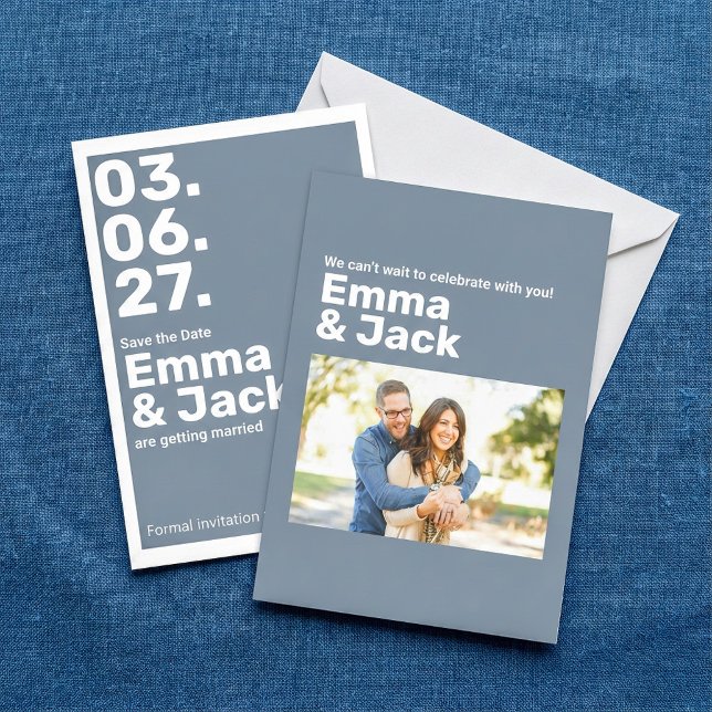 Reserve A Data Casamento de Data Vertical Azul Moderno (Modern Blue Vertical Date Wedding Save The Date.)