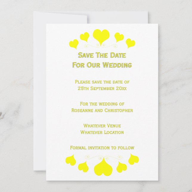 Reserve A Data Casamento de Design Corações Amarelos (Frente)