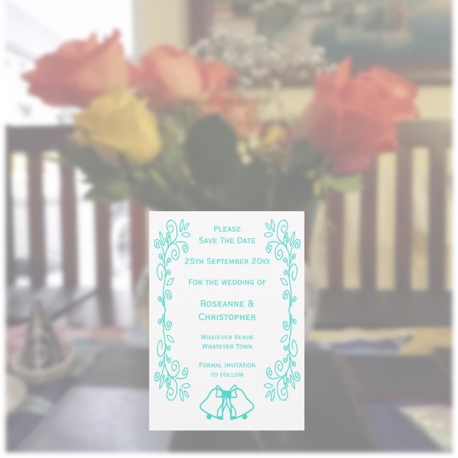 Reserve A Data Casamento de Design de Carris de Peruca (Turquoise wedding save the date card bells and scrollwork design)