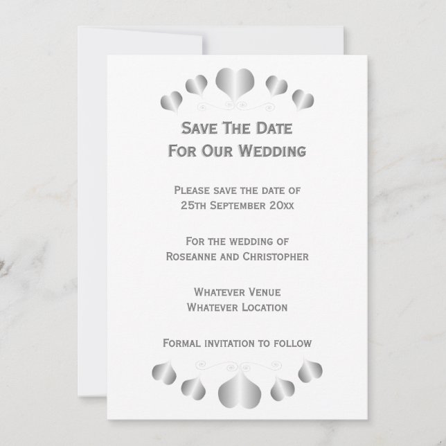 Reserve A Data Casamento de Design de Corações de Prata (Frente)