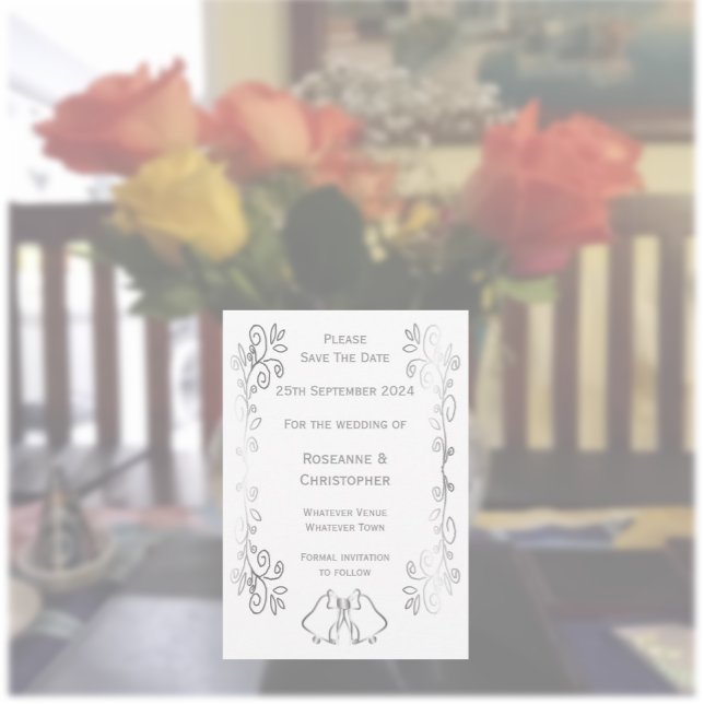 Reserve A Data Casamento de Design de Rolagem de Silver Bells (Silver wedding save the date card bells and scrollwork design)