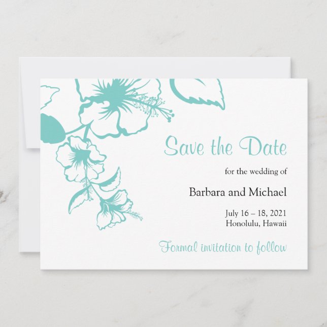 Reserve A Data Casamento de Destino com Flor de Hibisco Turquesa (Frente)