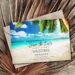 Reserve A Data Casamento de Destino de Bahamas<br><div class="desc">Cena de praia de águas tropicais com casamento de palmeiras, exceto a data para o seu casamento nas Bahamas, na ilha ou na praia! Este convite pode ser usado em qualquer lugar de sua escolha, simplesmente mude o texto do modelo para o ajustado de suas necessidades. Personalize com seus nomes,...</div>