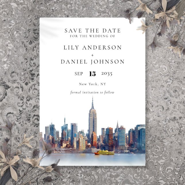 Reserve A Data Casamento de Destino de Nova Iorque de Aquarela (Watercolor New York City Destination Wedding Save The Date
)
