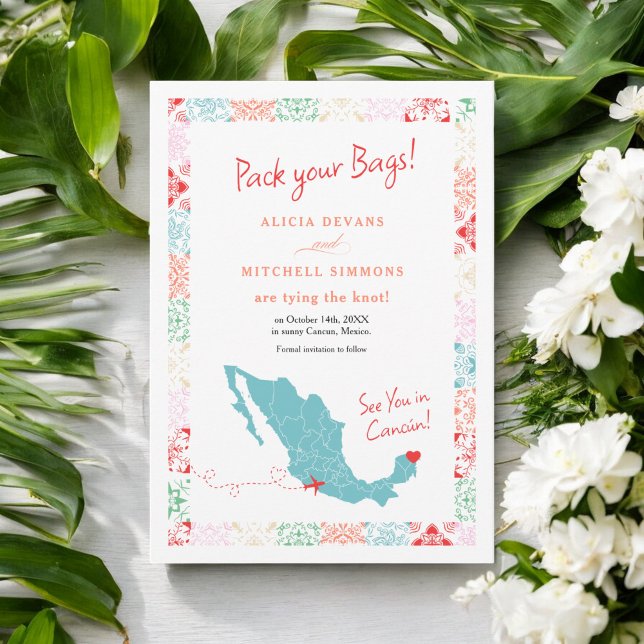 Reserve A Data Casamento de destino do mapa tropical do México (Tropical Mexico map destination wedding Save The Date)