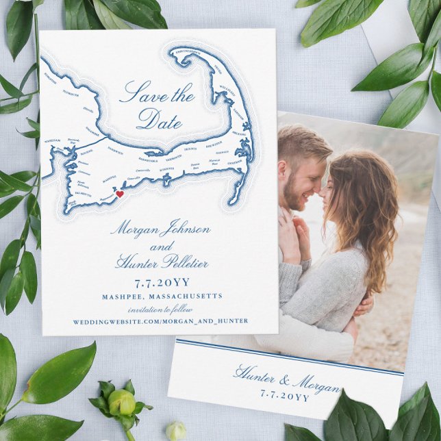 Reserve A Data Casamento de Destino Elegante do Mapa de Cabo Cod (These Elegant Cape Cod Save the Dates are perfect for your destination wedding on the Cape!)