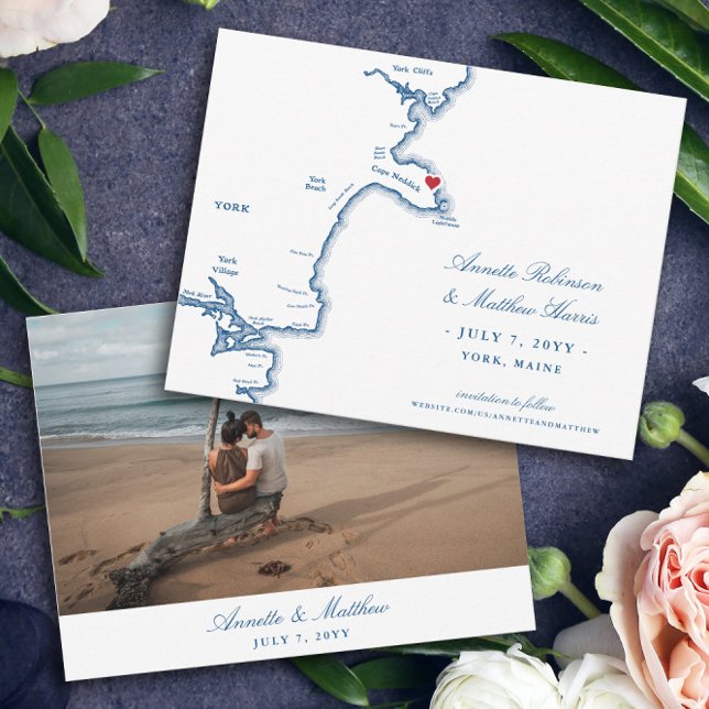 Reserve A Data Casamento de Destino Elegante York Maine (These elegant York, Maine map save the dates are perfect for your coastal Maine destination wedding)