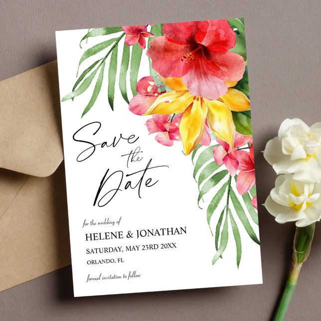 Reserve A Data Casamento de Destino Floral Tropical (Tropical Floral Destination Wedding Save The Date)