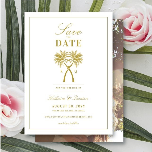 Reserve A Data Casamento de Destino Tropical de Palmeiras (Knotted Palm Trees Tropical Wedding Save The Date Photo Announcement Card @ fatfatin_blue_knot)