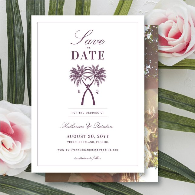 Reserve A Data Casamento de Destino Tropical de Palmeiras (Knotted Palm Trees Tropical Wedding Save The Date Photo Announcement Card @ fatfatin_blue_knot)