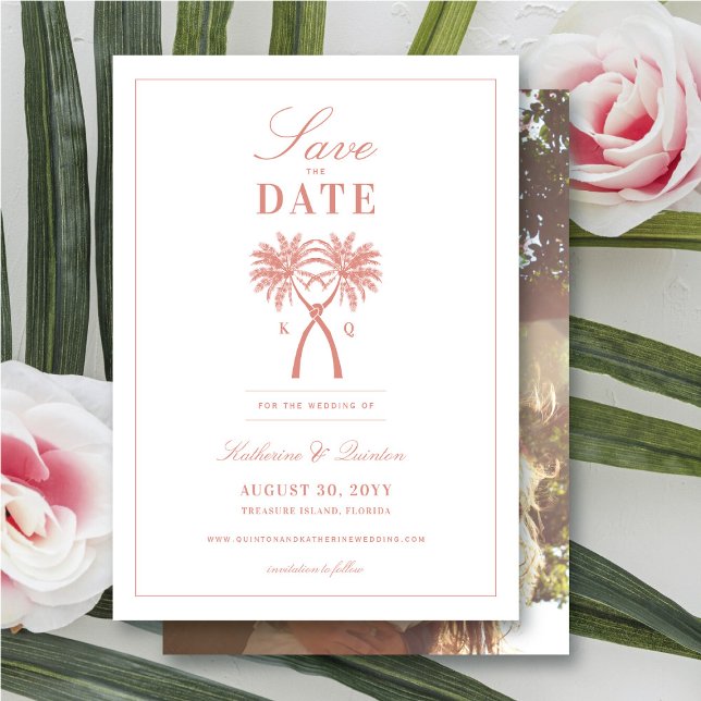Reserve A Data Casamento de Destino Tropical de Palmeiras (Knotted Palm Trees Tropical Wedding Save The Date Photo Announcement Card @ fatfatin_blue_knot)