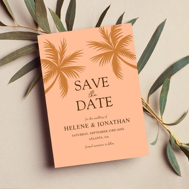 Reserve A Data Casamento de Destino Tropical de Pêssego Palm Tree (Palm Tree Peach Tropical Destination Wedding Save The Date)
