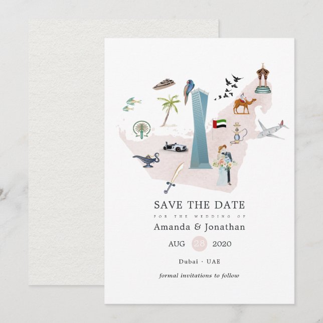 Reserve A Data Casamento de Destino Watercolor Dubai UAE (Frente/Verso)