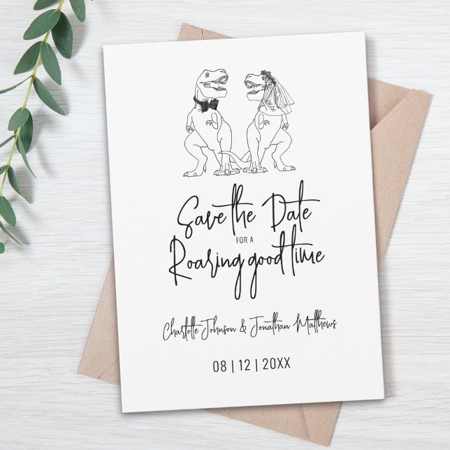 Reserve A Data Casamento de Dinossauro Engraçado Save The Date (save the date for a roaring good time funny dinosaur wedding T-Rex bride and groom simple line art)